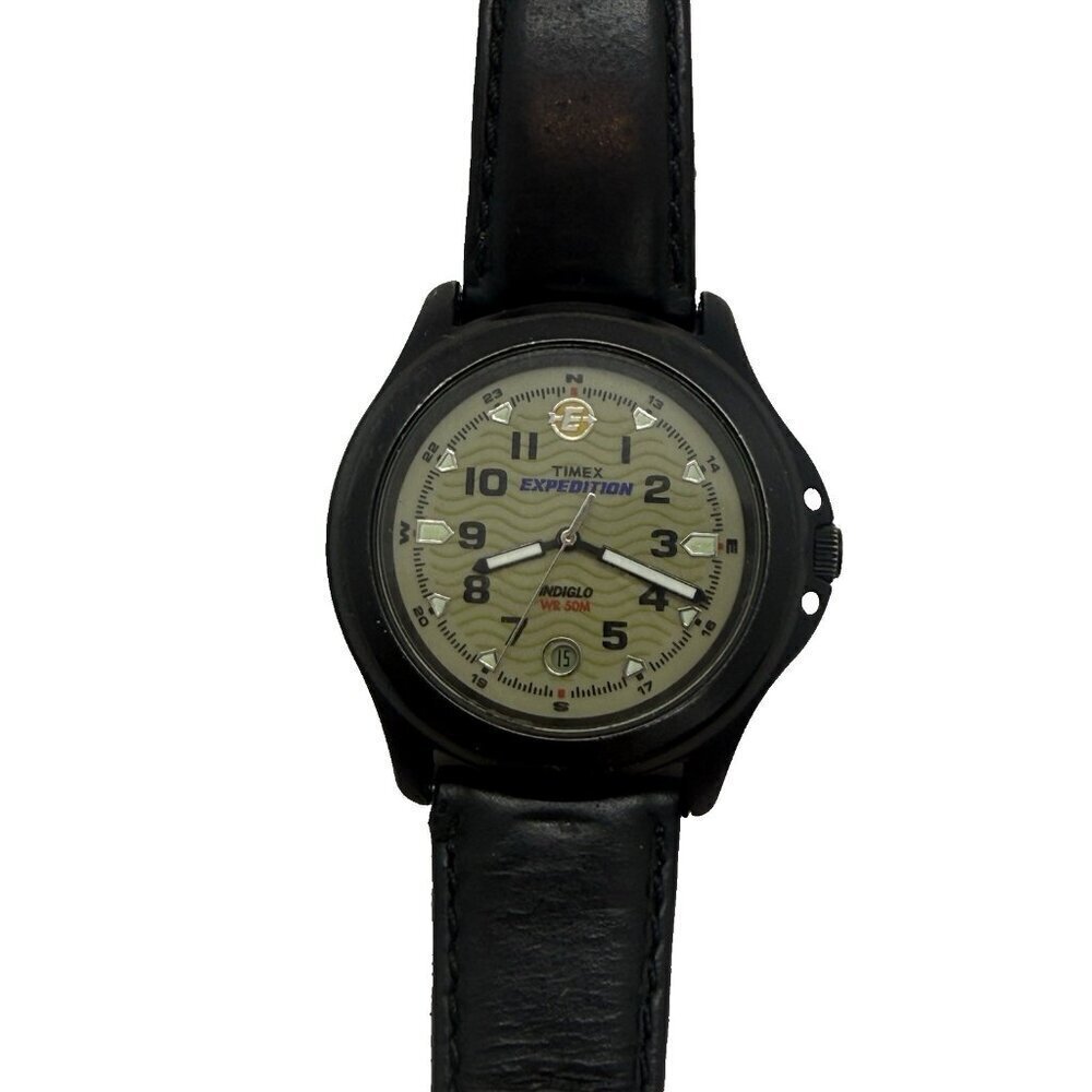 Timex Expedition Indiglo Men's Field Metal Watch Date Black Leather Band T47012